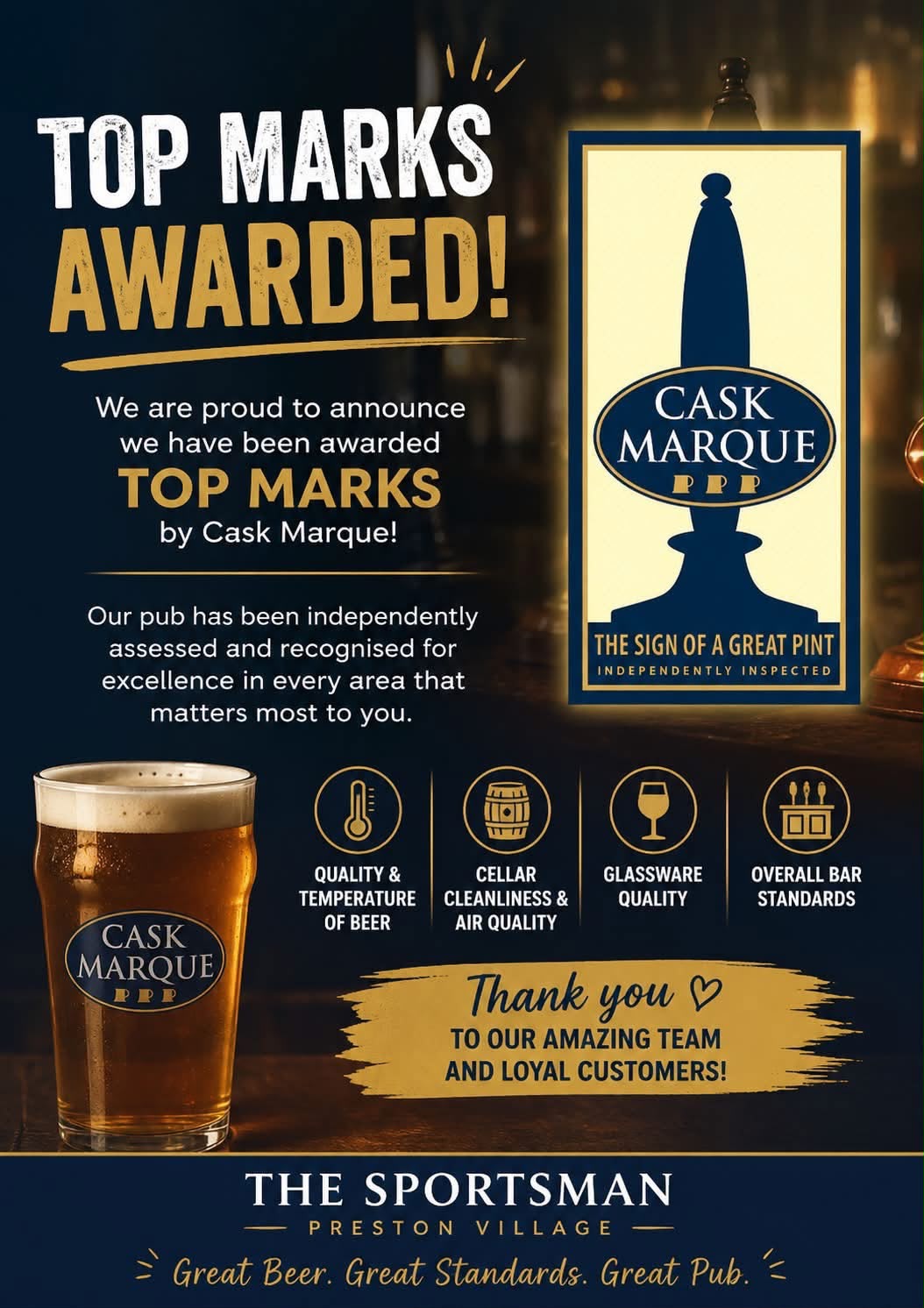 Cask Marque Top Marks Awarded poster for The Sportsman